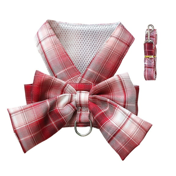 Cute Dog Harness and Leash Set with Bow Tie - Soft Plaid Mesh No-Pull Vest Harness for Small Dogs & Puppies - Adjustable Pet Outfit for Chihuahua, Cat & Rabbit