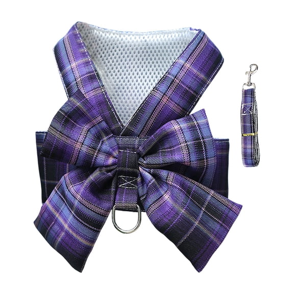 Cute Dog Harness and Leash Set with Bow Tie - Soft Plaid Mesh No-Pull Vest Harness for Small Dogs & Puppies - Adjustable Pet Outfit for Chihuahua, Cat & Rabbit