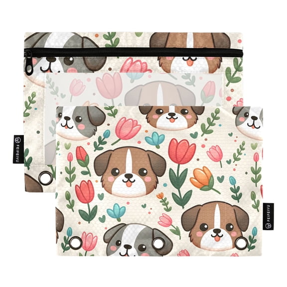Cute Dog Head and Flower 2 Pack Pencil Pouch for 3 Ring Binder Smooth Zipper Folders with Pockets Clear Window Pencil Case