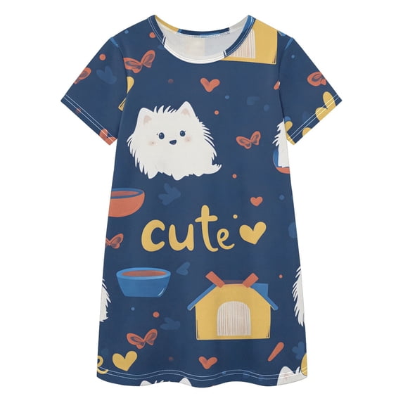 Cute Dog House Bowl Pattern Girls' Casual Dresses Short Sleeve Cotton ...