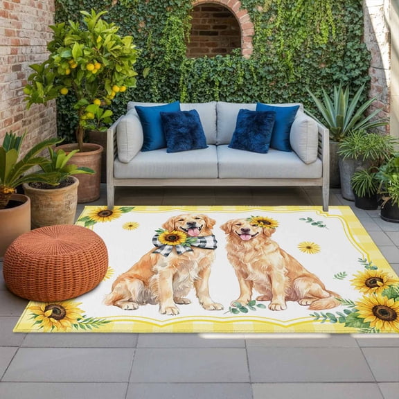 Cute Dog Indoor Outdoor Rugs 4x6 Ft, Sunflower Daisy Yellow Plaid Summer Field Animal Outdoor Patio Rugs Mat Washable Outside Area Rugs Carpet for Porch Deck RV Camping Pool Balcony Backyard