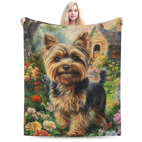 Cute Dog & Lush Flower Blanket, Soft & Warm Flannel 60x50