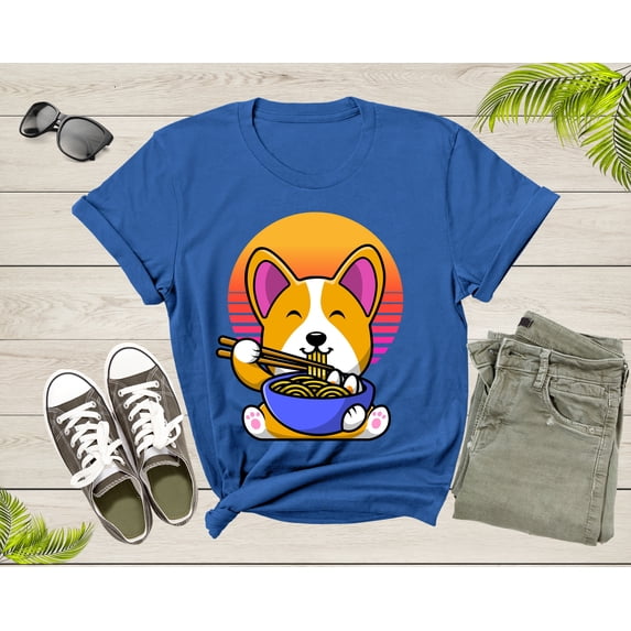 Cute Dog Mascot Eating Japanese Ramen Noodle Retro Sunset T-Shirt Ramen Lover Gift T Shirt for Men Women Kids Boys Girls Graphic Tshirt