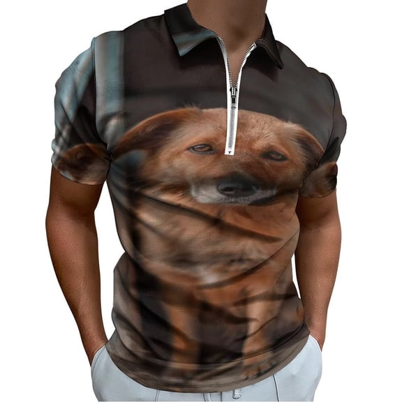 Cute Dog Men Zipper T-shirt Summer Casual Short Sleeve T-shirt Top