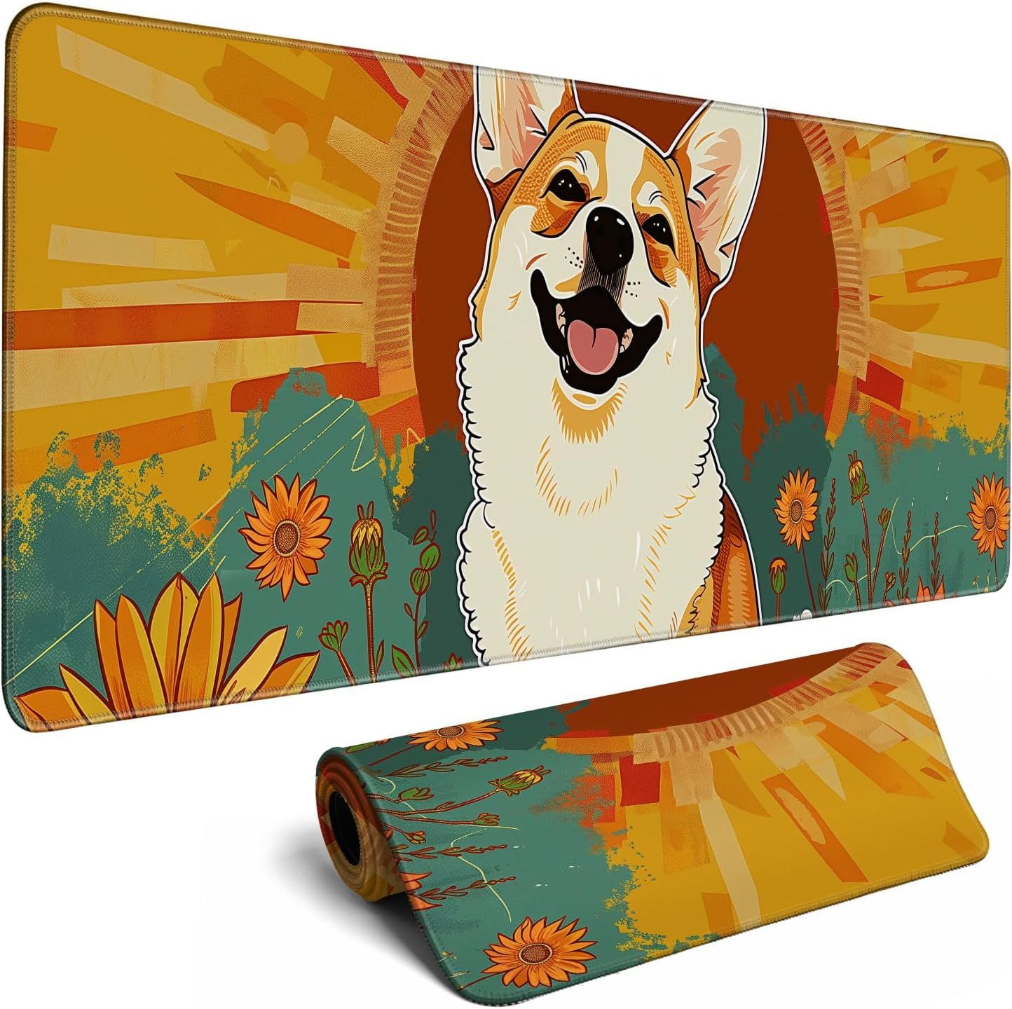 Cute Dog Mouse Desk Pad Kawaii Yellow Desk Mat Desk Decor Large Gaming Mouse Pad Desk Mousepad Computer Office Keyboard Laptop Big Corgi Mouse Pad Xl(31.5x11.8 In)-With Non-Slip Base Stitched Eges