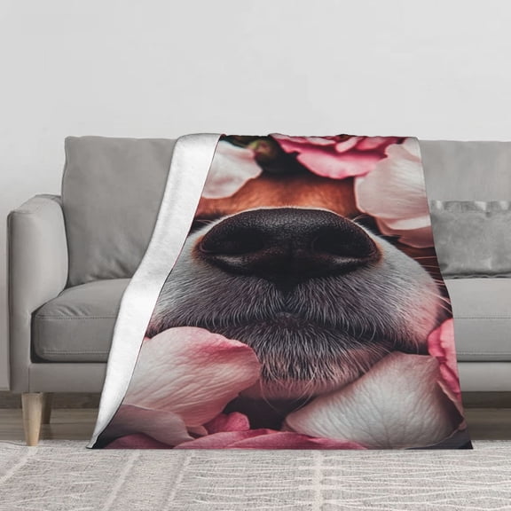 Cute Dog Nose Pink Rose Petals Flannel Throw Blanket, Realistic Puppy Floral Close Up Print Soft Fleece Throw, Light Cozy Couch Bed Cover,All Season Warm Decor Blanket for Dog Lover Floral Home Decor