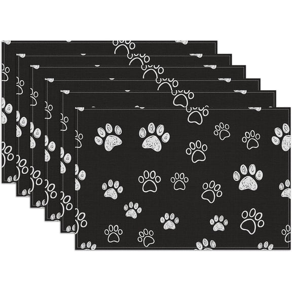Cute Dog Paw Placemats Set of 6, Washable Heat Resistant Table Mat Linen Place Mats for Party Kitchen Dining Home Decor 12x18 Inch