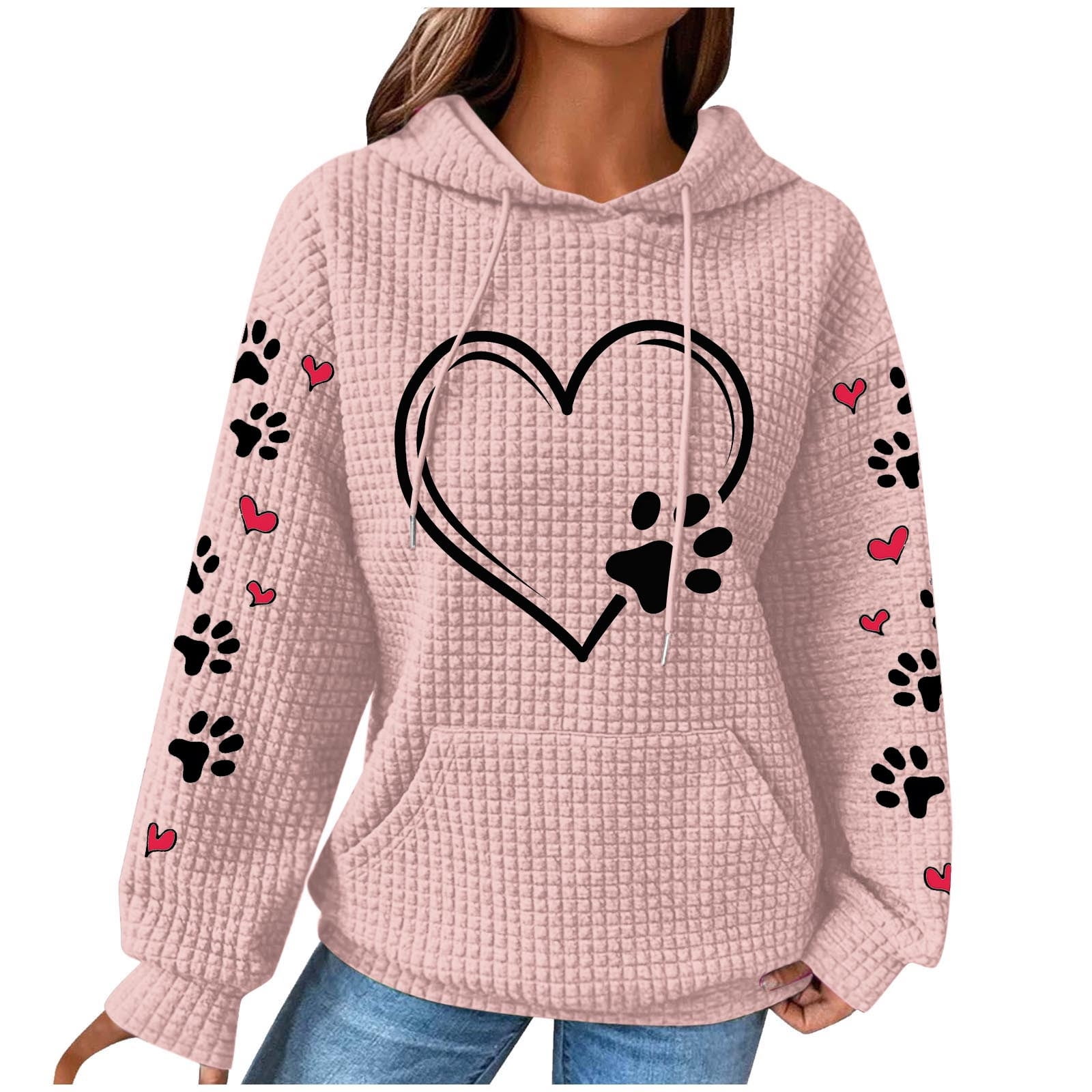 Cute Dog Paw Print Hoodies for Women Casual Oversized Waffle Hooded Sweatshirts Comfy Fall Winter Pullover Tops for Going Out