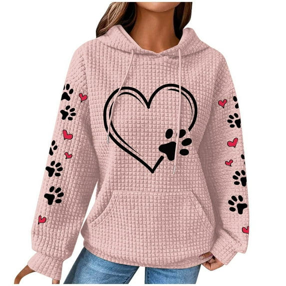 Cute Dog Paw Print Hoodies for Women Casual Oversized Waffle Hooded Sweatshirts Comfy Fall Winter Pullover Tops for Going Out