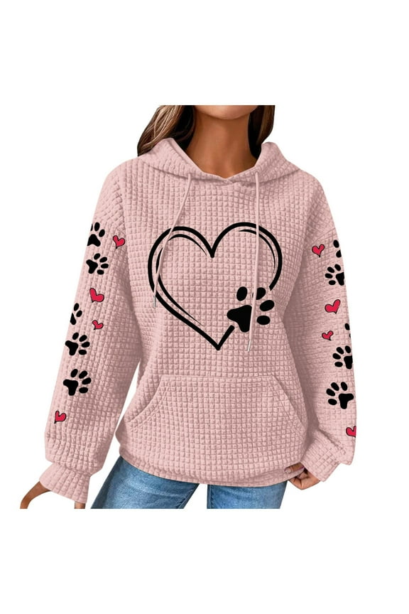 Cute Dog Paw Print Hoodies for Women Casual Oversized Waffle Hooded Sweatshirts Comfy Fall Winter Pullover Tops for Going Out