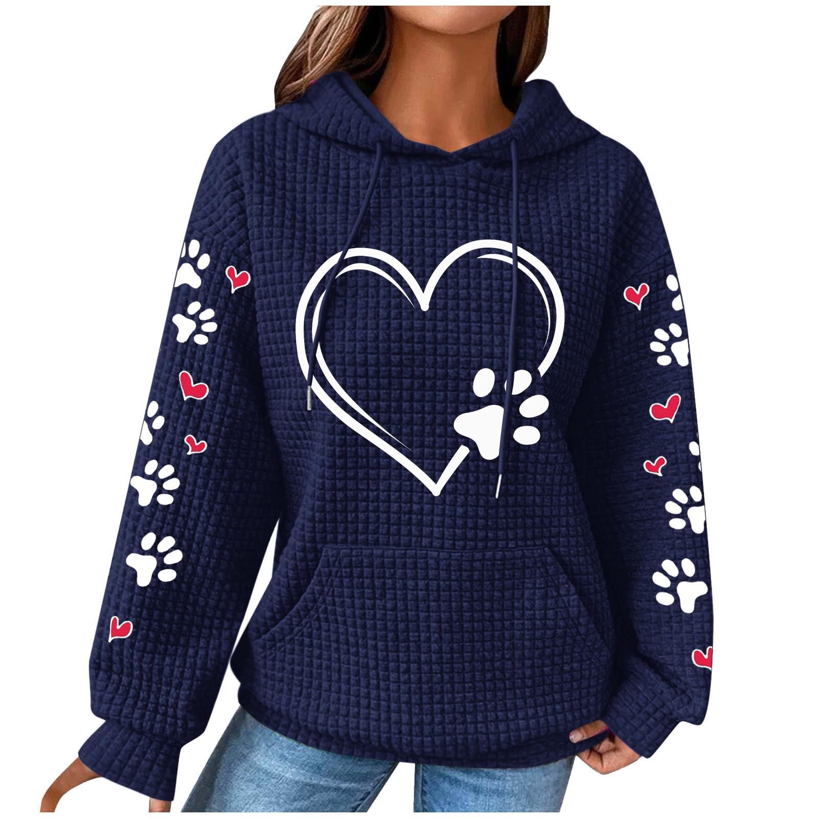 Cute Dog Paw Print Hoodies for Women Casual Oversized Waffle Hooded Sweatshirts Comfy Fall Winter Pullover Tops for Going Out