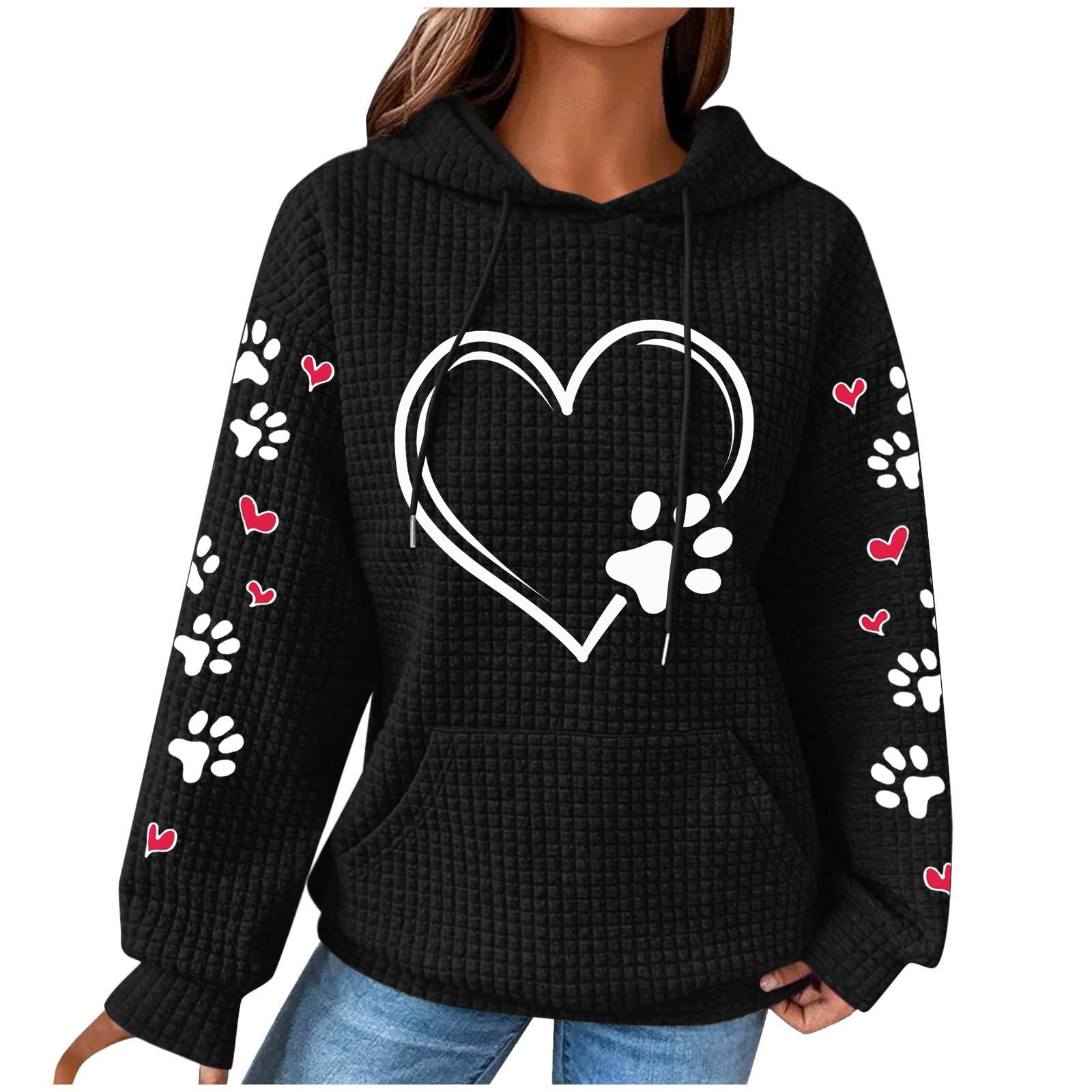 Cute Dog Paw Print Hoodies for Women Casual Oversized Waffle Hooded Sweatshirts Comfy Fall Winter Pullover Tops for Going Out