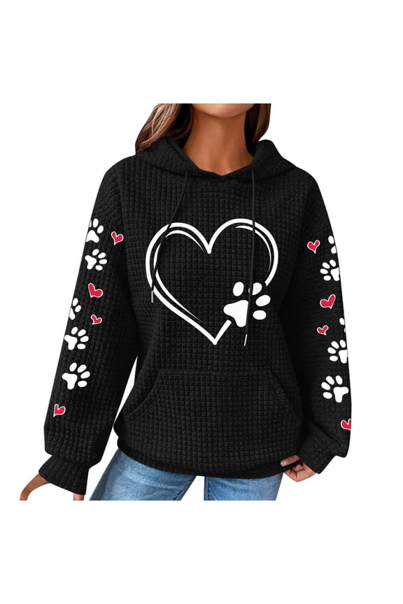 Cute Dog Paw Print Hoodies for Women Casual Oversized Waffle Hooded Sweatshirts Comfy Fall Winter Pullover Tops for Going Out