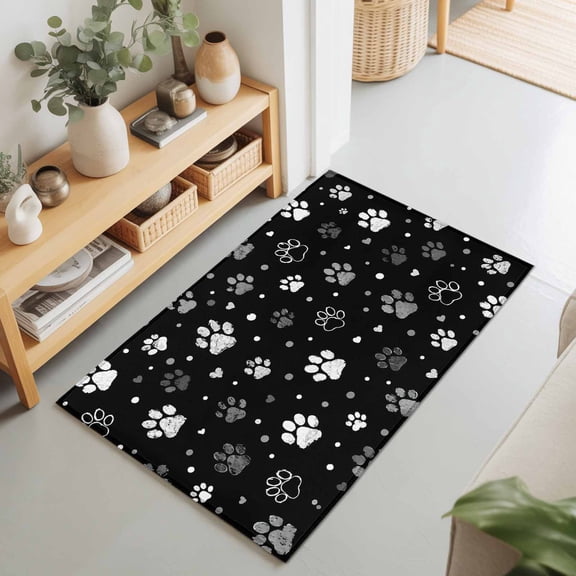 Cute Dog Paw Prints Rectangle Area Rug 2x3ft,Living Room Rug Non-Slip Washable Circle Rugs Pad,Cat Paws on Black Background Soft Floor Carpet for Bedroom Dining Room