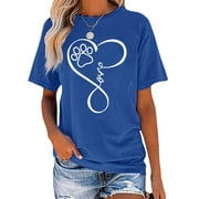 Cute Dog Paw Unique Classical Letter Font Love Printed Short Sleeve T-shirts Casual Round Neck Summer Tops Women Funny Graphic Tee Plus Size S-5XL