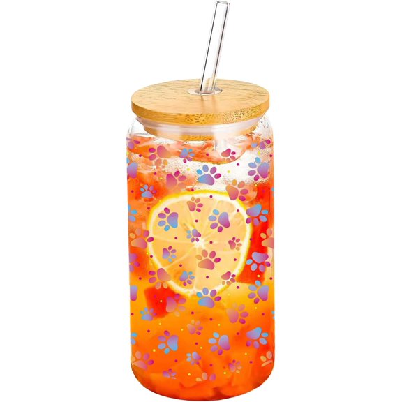 Cute Dog Paws Drinking Glass Cup 16 Oz with Bamboo Lid and Straws, Iced Coffee Beer Cocktail Glass Tumbler, Holiday Christmas Birthday Gift for Dad Mom Sister Friends Bestie