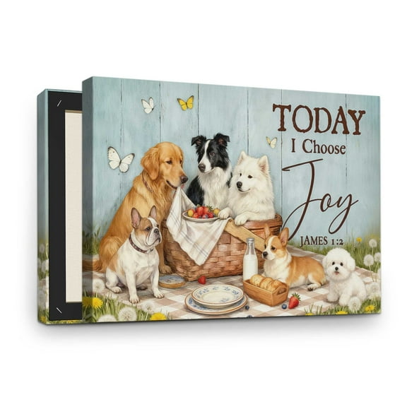 Cute Dog Picnic Canvas Wall Art with Inspiring Quote "Today I Choose Joy", Bible Verse Rustic Vintage Framed Canvas Wall Art, Christian Decor for Farmhouse Office Living Room