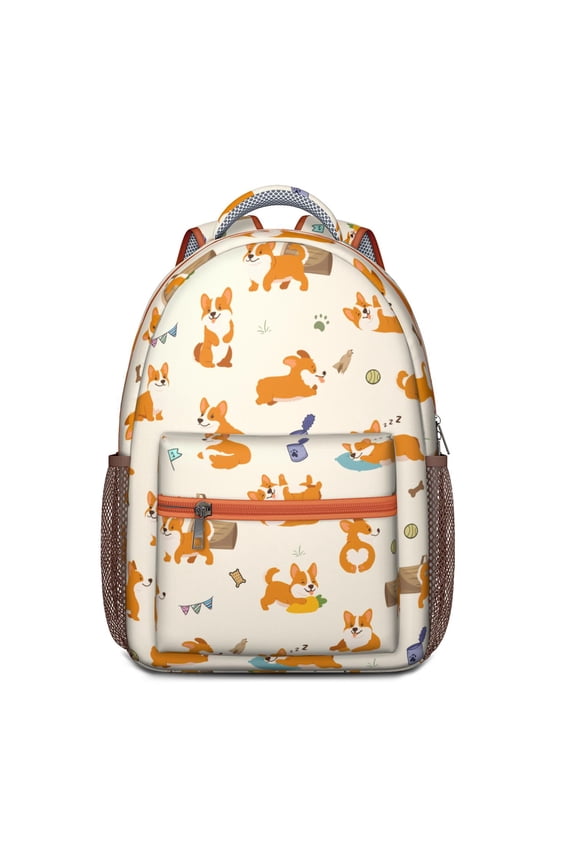 Cute Dog Print Backpack – Puppy Pattern Schoolbag with Tail, Bone, and Floral Design