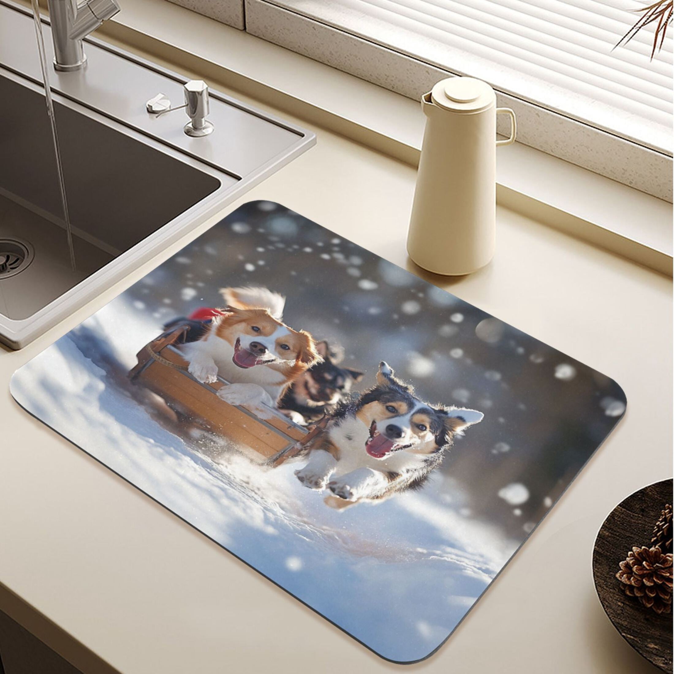 Winter Main Course Cute Dog Pull Sled Winter Diatomite Dish Drying Mat Drain Pad for ...