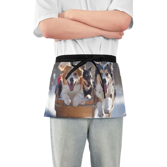 Cute Dog Pull Sled Winter Short Server Apron with 3 Pockets for Unisex Chef Gardening
