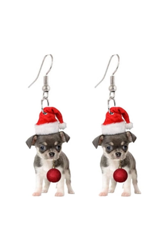 Cute Dog Puppy Dangle Drop Earrings Acrylic Animal Pet Santa Claus Red Hat Christmas Jingle Bell Hook Hoops Earring for Women