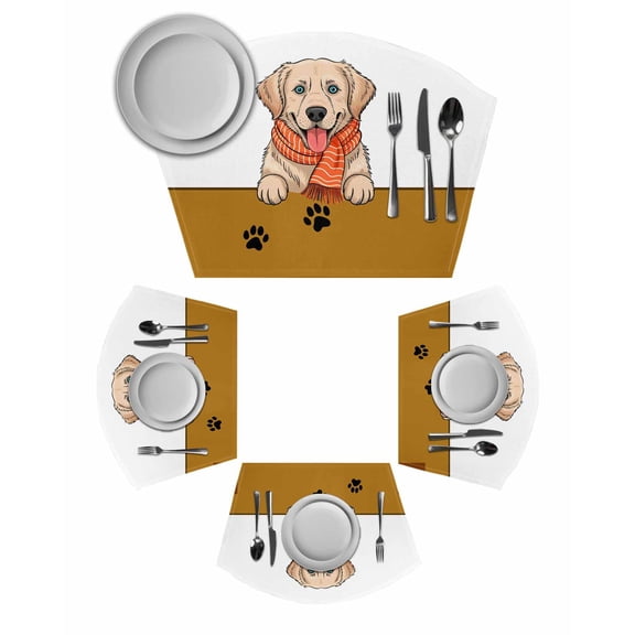 Cute Dog Round Table Placemats Set of 2 Wedge Placemats, Red Scarf Black Dog Paw Print Place Mats for Dining Table Set Washable Mats Kitchen Decor for Indoor Outdoor Wipe Clean