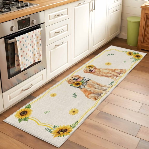 Cute Dog Runner Rugs 2x6 ft Yellow Sunflower Daisy Vintage Summer Field Animal Washable Hallway Rugs Non-Slip Floor Mats Absorbent Carpet Bedside Runners for Bedroom Kitchen Bathroom Laundry Room