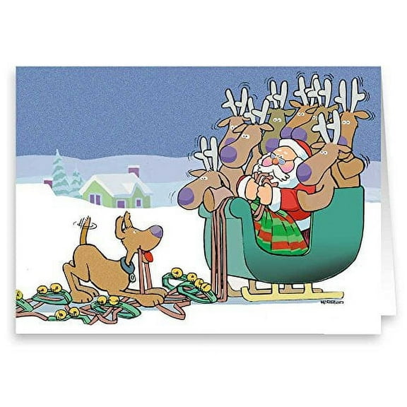 Cute Dog Scares Reindeer Funny Christmas Card - 18 Boxed Cards and Envelopes (St