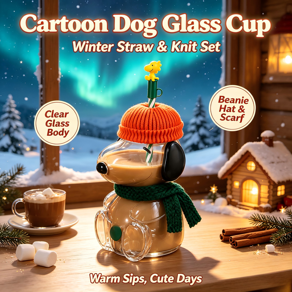 Cute Dog‑Shaped Glass Snoo.py Inspired Cartoon Glass Cup Tumbler With Straw Scarf Hat, 20oz Reusable Glass Bottle Mugfor Iced Coffee Juice Water Glass Cup, Halloween and Christmas Gift