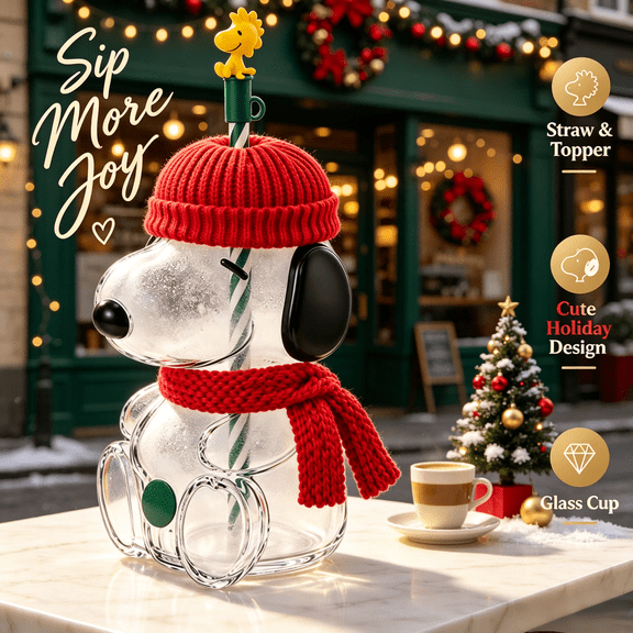 Cute DogShaped Glass Snoo.py Inspired Tumbler with Red Knit Hat & Scarf, Reusable Straw Cup, 16oz Novelty Drinking Cup for ced Coffee, Milk Tea, and Juice, Christmas Gifts