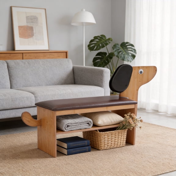 Cute Dog Shoe Bench with Cushion, 51.6"L x 11.8"W Puppy Shoe Storage Bench, Dark Brown 2-Tier Bamboo Shoe Rack Bench for Entryway, Living Room, Hallway, Bedroom, 220 lbs Load Capacity