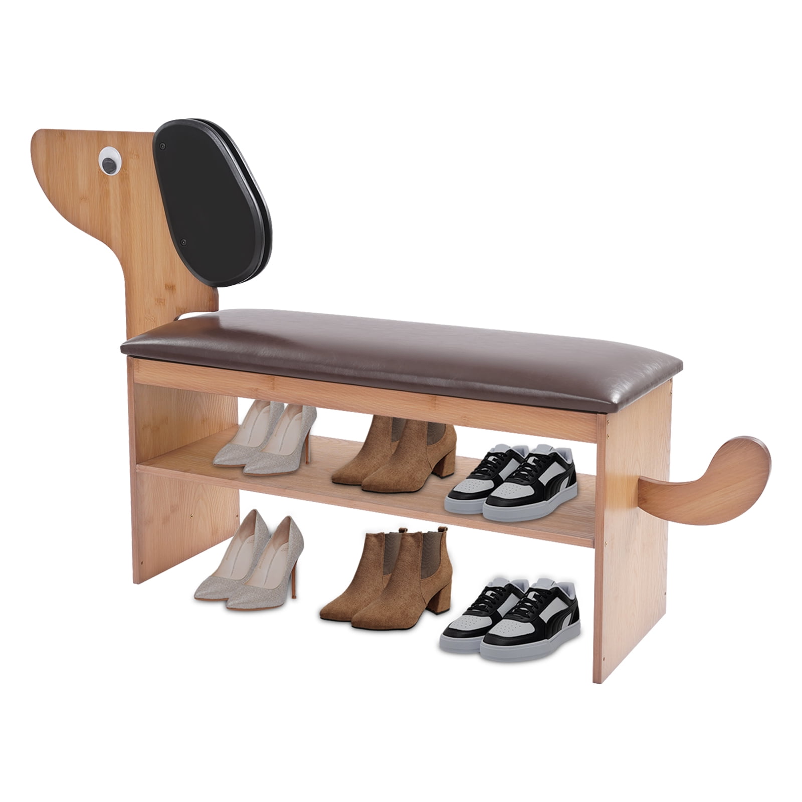 Cute Dog Shoes Rack Bench for Entryway, Shoe Rack Bench with Cushion（Dark Brown）