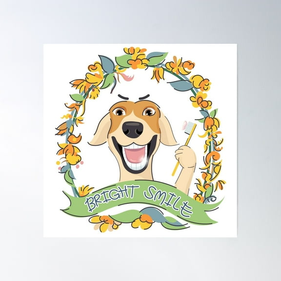 Cute Dog Is Smiling And Showing White Teeth While Front Leg Holding Toothbrush Paste With Toothpaste Poster Wall Art, Modern Wall Decor, 24x24 UNFRAMED