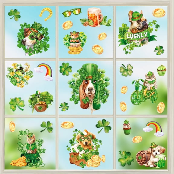 Cute Dog St Patrick's Day Window Stickers, General Purpose Holiday Window Decoration for Shopping Mall and Home Use, Basic Design Window Clings for Seasonal Glass Art and Indoor Decorative Display