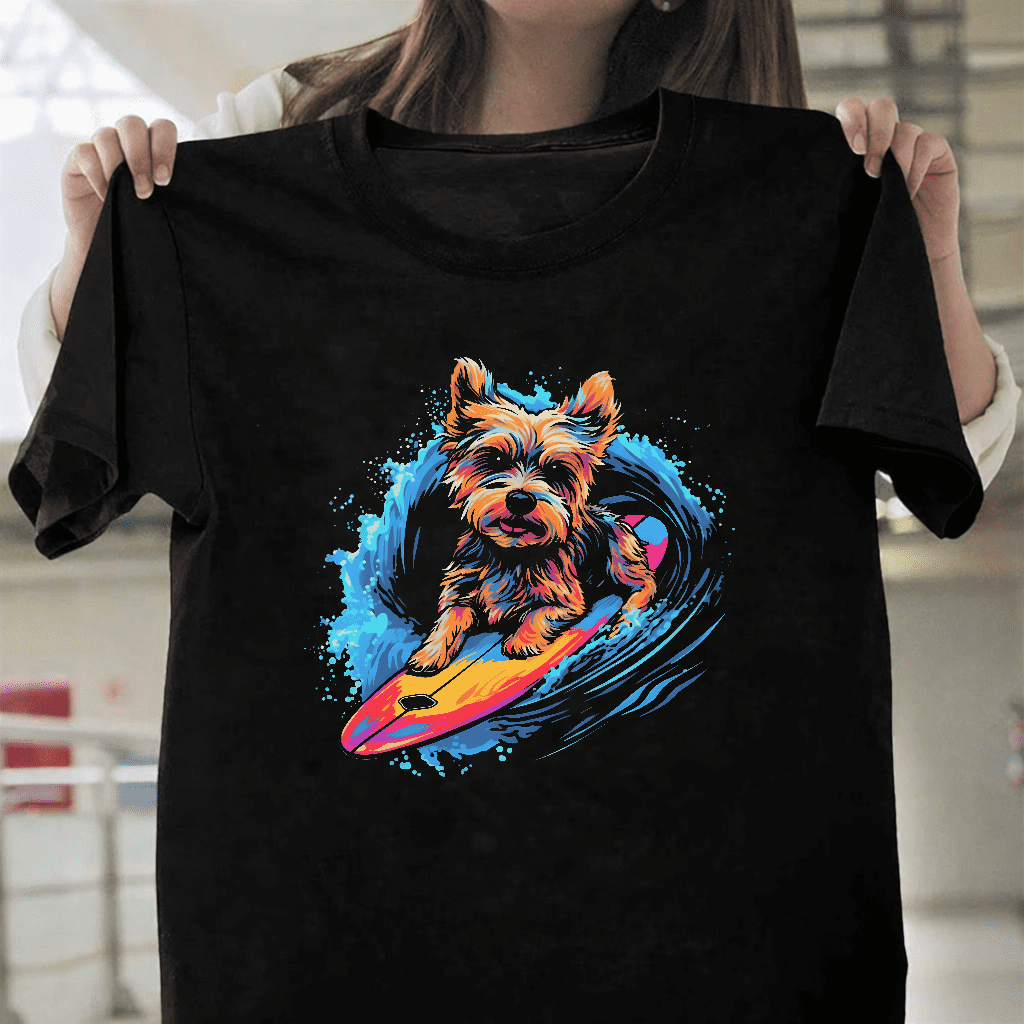 Cute Dog Surfing T-Shirt Dog Riding Wave Tee Beach Summer Pet Lover Gift, up to size 3XL.