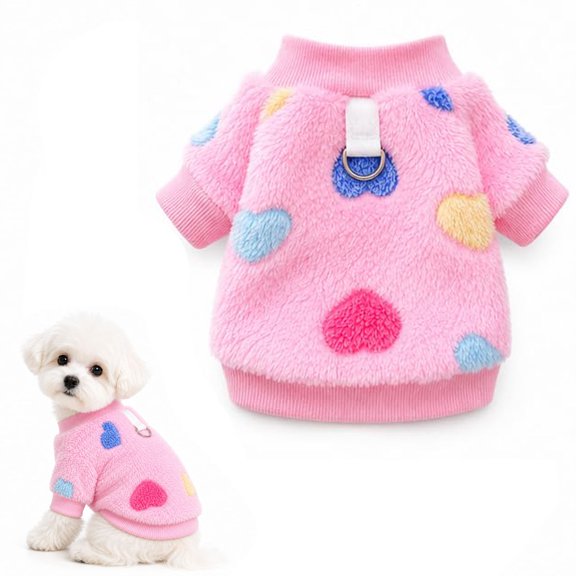 Cute Dog Sweater with D-Ring Design, Soft Fleece Puppy Clothes with Heart Paw Print Pattern for Small Dogs and Cats