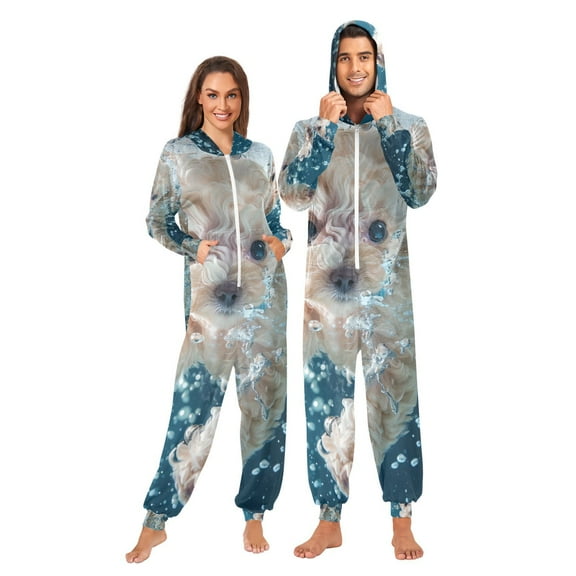 Cute Dog Swim Bubbles Adult Onesie Pajamas Slim Fit Christmas One Piece Suit Pjs for Women and Men Hooded Zipper