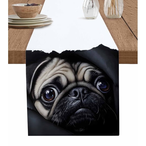 Cute Dog Table Runner 48 Inches, Black Pet Retro Picture Bed Runner Dresser Scarves Tabletop for Indoor Outdoor Parties/Ceremony/Banquet, 13" x 48"