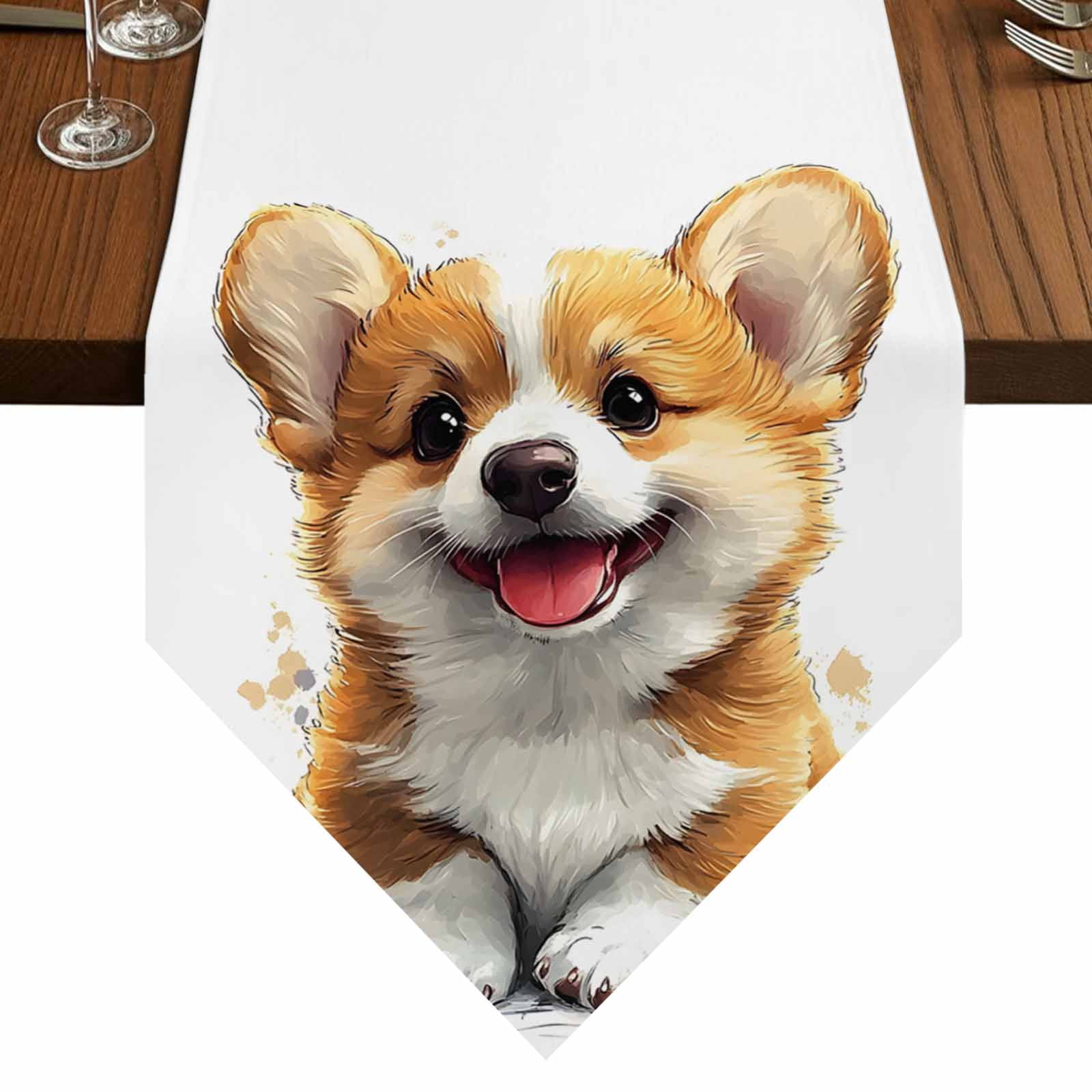 Cute Dog Table Runner for Dining Room, Cartoon Style Brown Puppy Animal ...