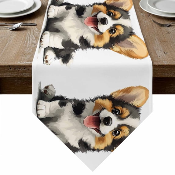 Cute Dog Table Runner Linen Burlap Table Runner 60 Inches Long Modern Funny Puppy Animals Portrait Artwork Dresser Scarves for Kitchen Island Coffee Dining Party Wedding Banquet Holiday Decor 13"x60"