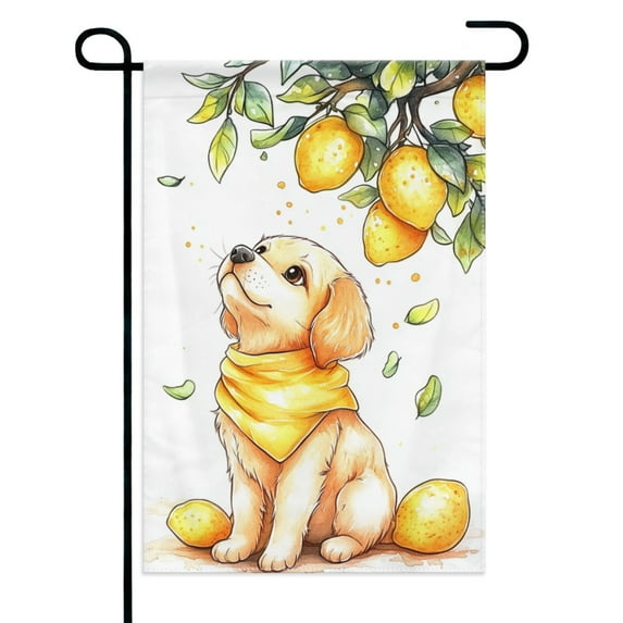 Cute Dog Under Lemon Tree Garden Flags 12×18 Inch Double Sided Decorative Yard Banner Seasonal Flag for Outdoor Outside Decor