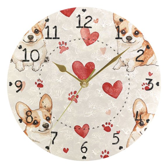 Cute Dog and Love Round Wall Clock Silent Battery Operated Home Decor for Living Room Bedroom