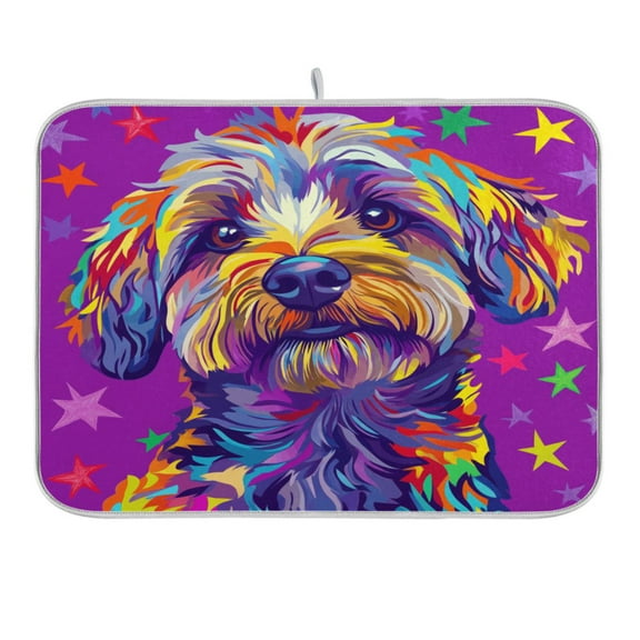 Cute Dog and Star Dish Drying Mat 16x18 Absorbent Microfiber Draining Rack Pad for Kitchen Counter Sink