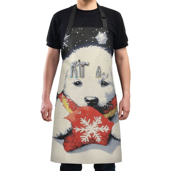 Cute Dog in The Snow Chef Kitchen Apron with Pockets for Women Waterproof Aprons for Cooking Baking