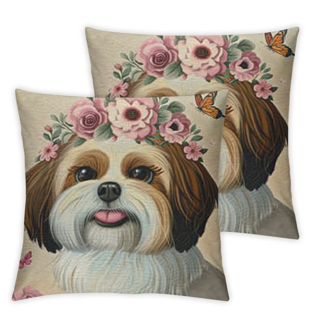 Cute Dog with Flowers Throw Pillow Covers DoubleSided Cushion Cases
