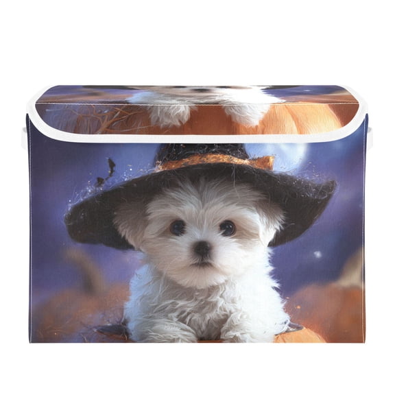 Cute Dog with Hat on Pumpkin Halloween Foldable Storage Bins with Lids Handles Collapsible Storage Containers Tote Boxes 16.5 x 12.6 x 11.8 inches