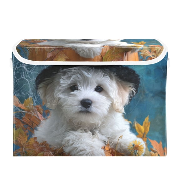 Cute Dog with Pumpkin Halloween Night Foldable Storage Bins with Lids Handles Collapsible Storage Containers Tote Boxes 16.5 x 12.6 x 11.8 inches
