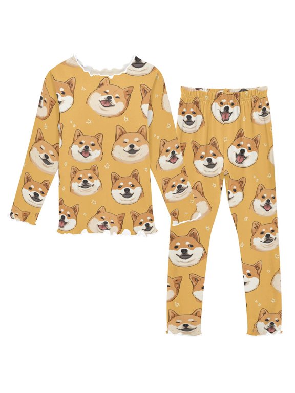 Cute Doge Long Sleeve Snug Fit Pajama Set 2 Piece Soft Warm Fleece Top and Pants Sleepwear PJs
