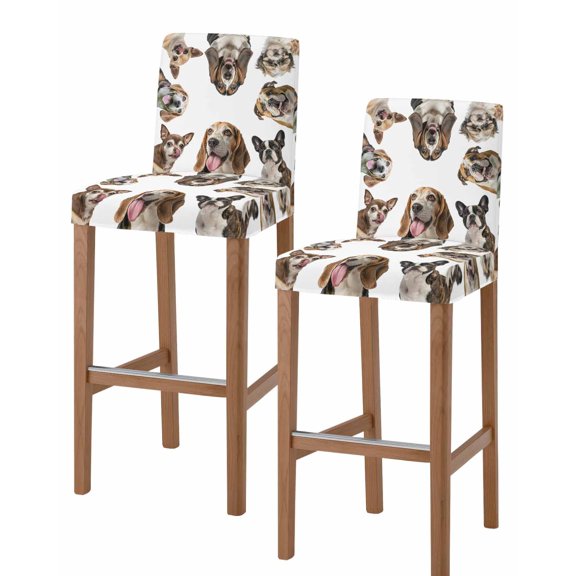 Cute Dogs Bar Stool Covers Set of 2, Animals Gypsies Bulldog Cattledogs Modern Art Stretch Washable Bar Chair Covers with Backs, Removable Pub Counter Height Chair Cover for Kitchen Dining Room Cafe