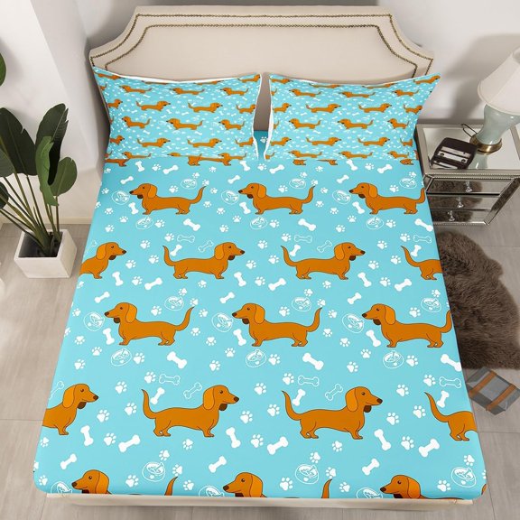 Cute Dogs Bed Sheet Set Size with Deep Pockets and Soft Microfiber Fabric for Bedroom Decor